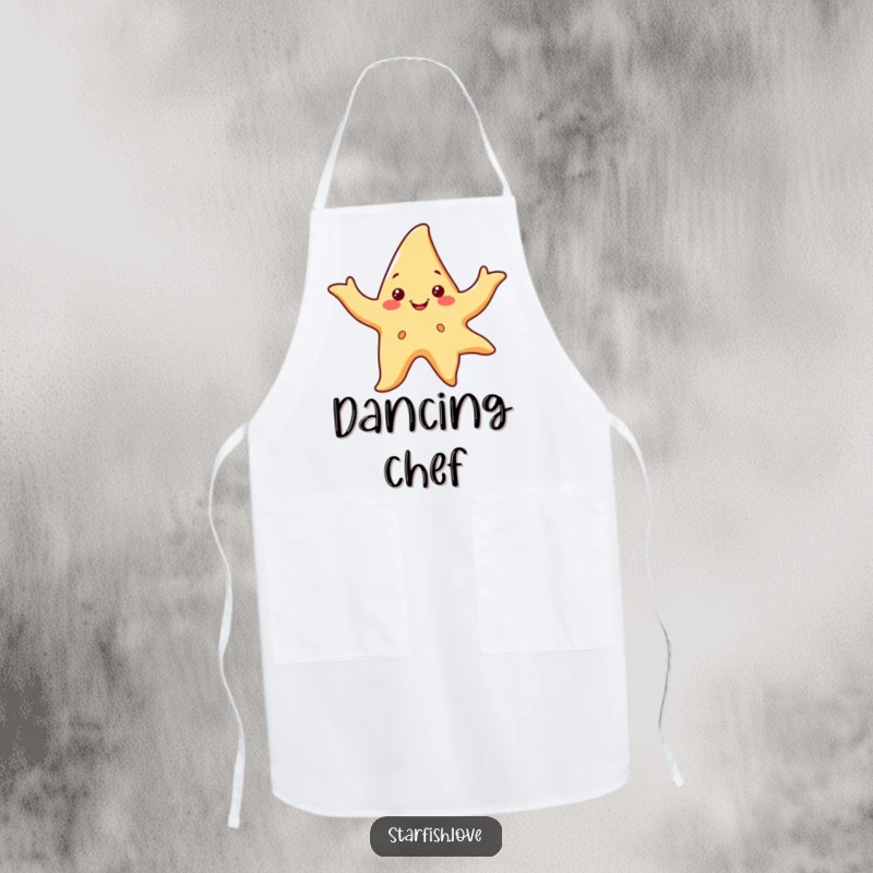 Funny apron with a smiling starfish character dancing with flowing arms, perfect for a joyful kitchen dance party.