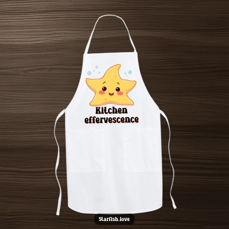 Funny apron featuring a cheerful starfish character sprouting tiny, sparkling bubbles, perfect for a joyful cooking experience.
