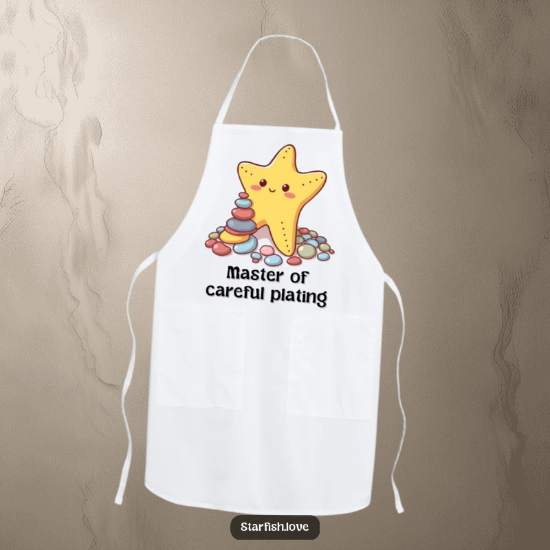 Funny apron showcasing a starfish concentrating on stacking colorful pebbles, symbolizing amusing effort and a humorous, unsteady creation in the kitchen.