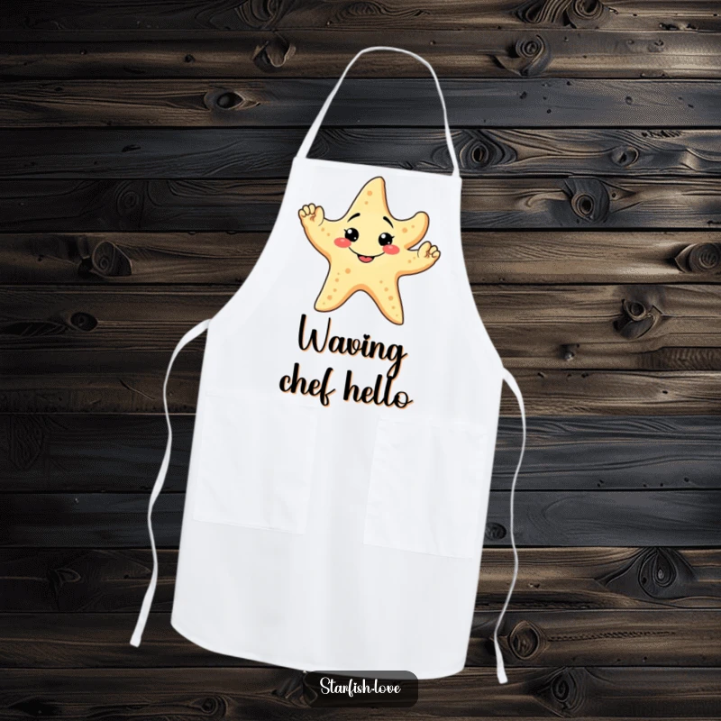 Funny Apron showing a friendly starfish with a goofy grin, waving all five arms, perfect for a welcoming kitchen.