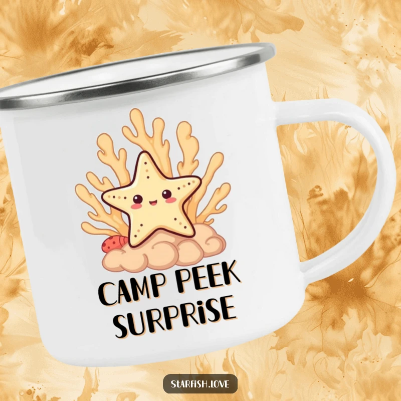 Funny Camping Mug showing a shy starfish character peeking out from behind a coral formation, perfect for outdoor use.