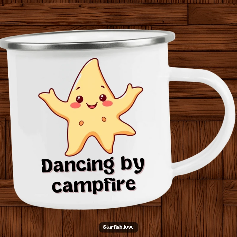 Funny camping mug with a smiling starfish character dancing with flowing arms, for groovy outdoor enjoyment.