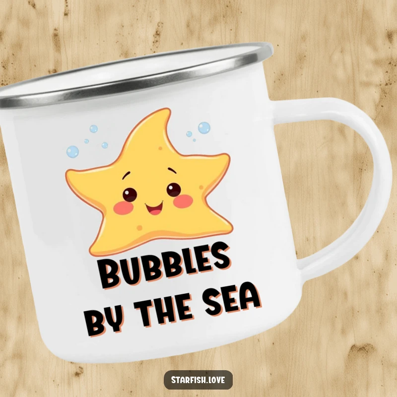 Funny camping mug featuring a cheerful starfish character creating tiny, sparkling bubbles, perfect for outdoor bubbly enjoyment.