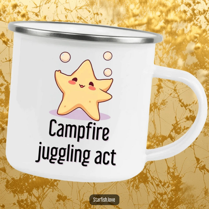 Durable camping mug featuring a cute starfish character happily juggling three tiny pearls, perfect for enjoying beverages during outdoor adventures.