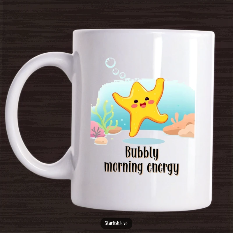 Funny Mug featuring a bright yellow starfish character gleefully dancing underwater surrounded by cheerful bubbles.