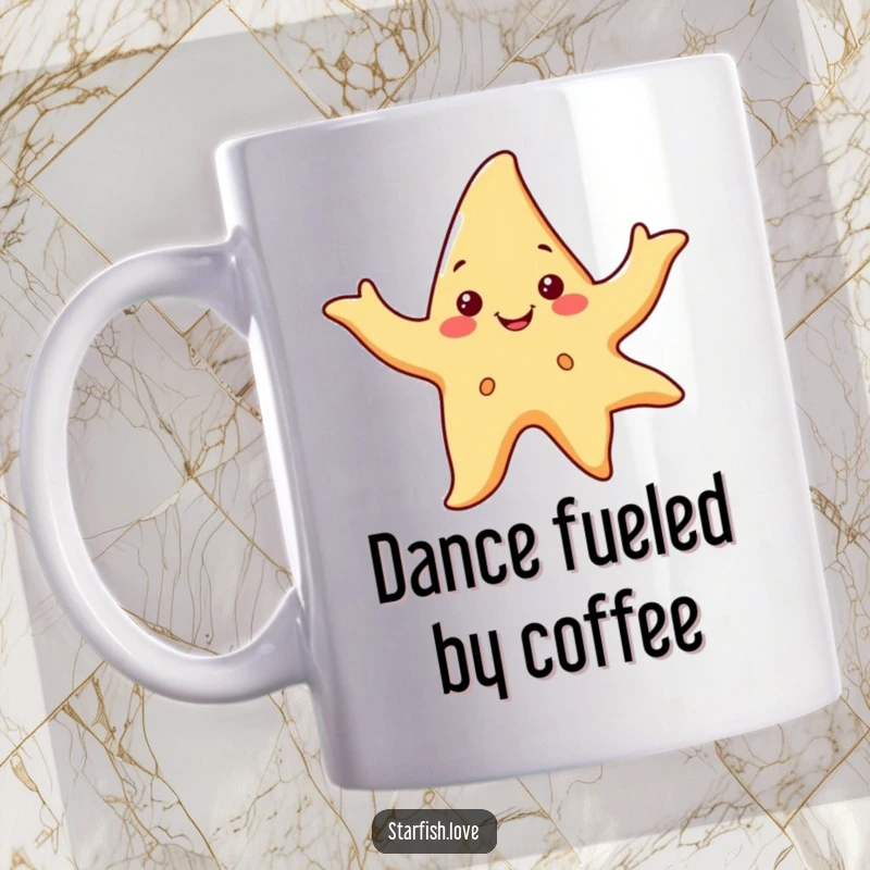 Funny mug with a smiling starfish character joyfully waving its arms in a flowing dance, radiating pure happiness.