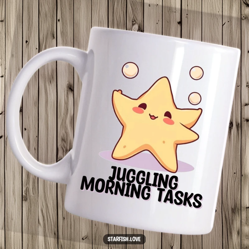 Funny, cute starfish character happily juggling three shiny pearls on a mug, symbolizing playfulness and abundance, ideal for ocean lovers.