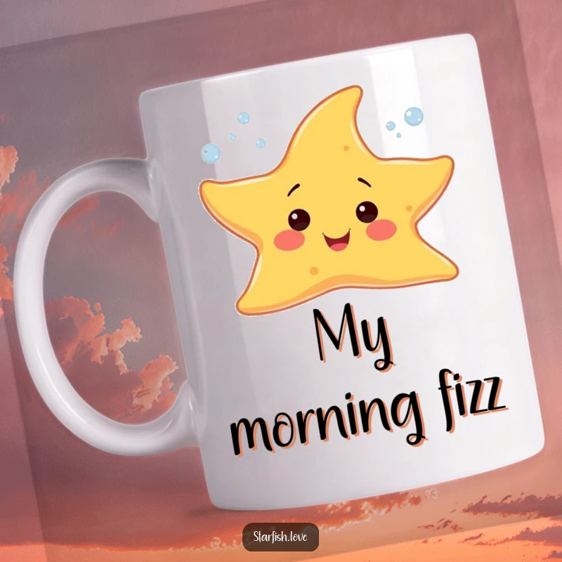 Funny mug with a cheerful starfish character sprouting tiny, sparkling bubbles, bringing bubbly joy to your day.