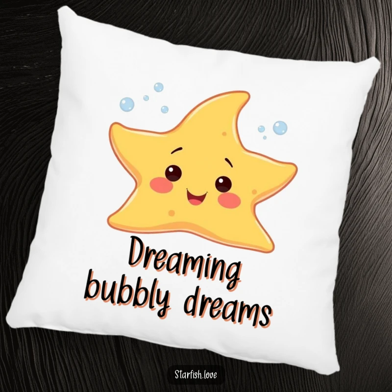 Funny pillow with a cheerful starfish character releasing tiny, sparkling bubbles, offering a cozy and bubbly feel.