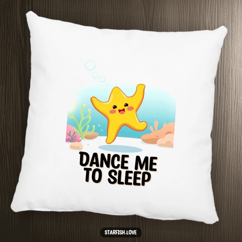 Funny Pillow decorated with a bright yellow starfish character performing a joyful, bubbly dance underwater.