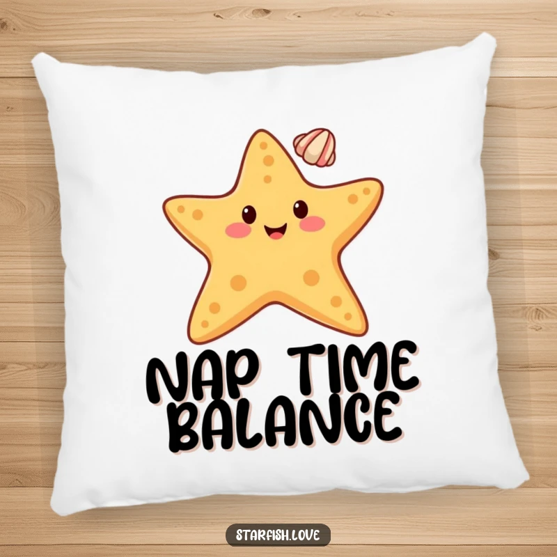 Funny pillow featuring a happy starfish character balancing a small seashell on its tip, bringing a sense of calm.