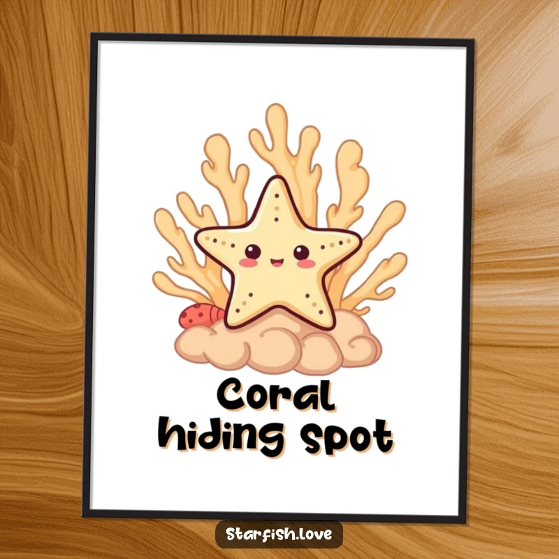 Funny Digital Art Print of a shy starfish character peeking out from behind a coral formation, creating a cute scene.