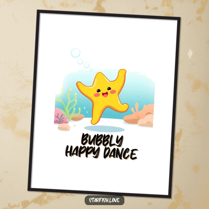 Funny Digital Art Print of a bright yellow starfish character doing a cheerful, bubbly dance underwater, full of energy.