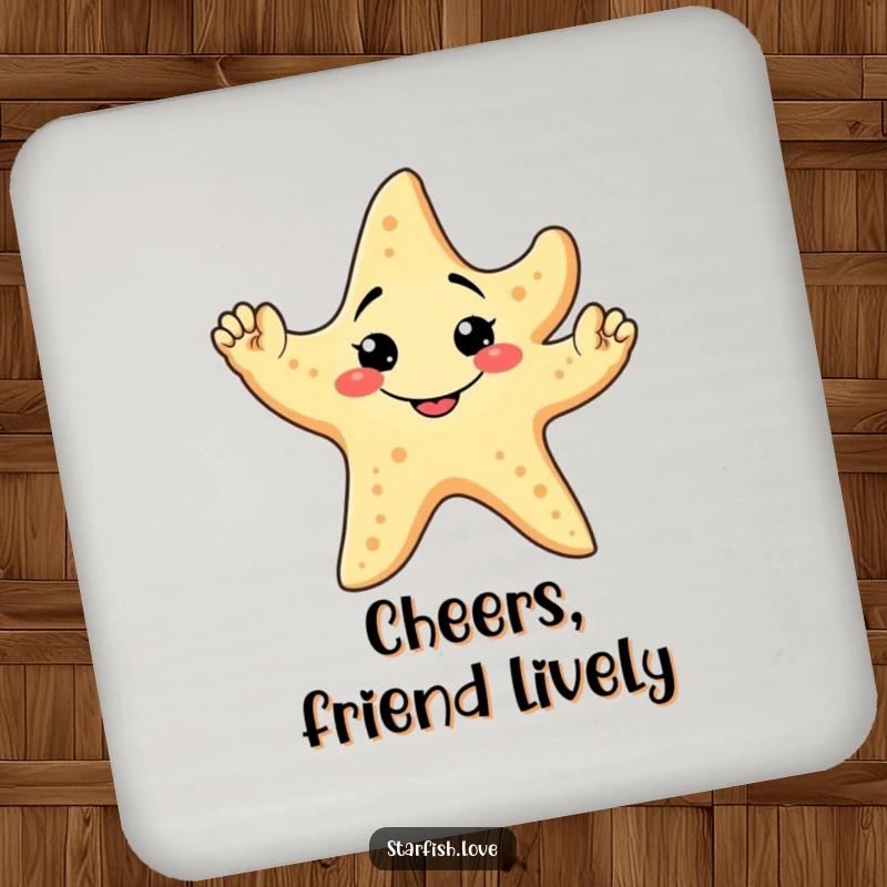 Funny Drink Coaster featuring a friendly starfish with a goofy grin, waving all five arms, adding welcoming decor.