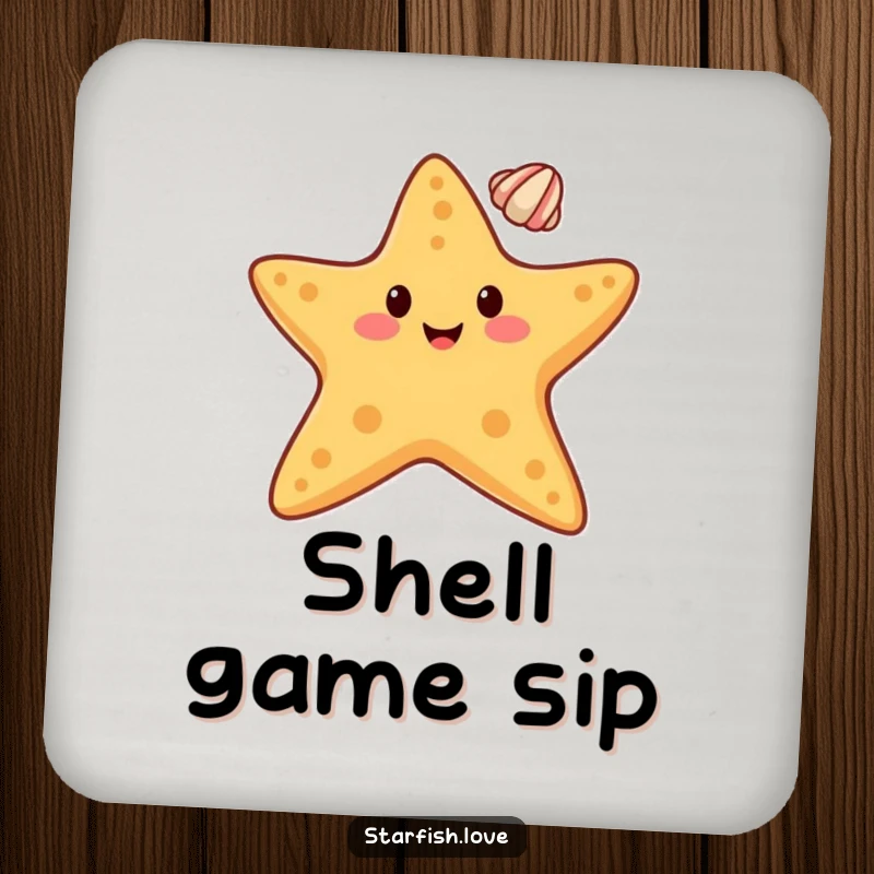 Funny drink coaster showing a happy starfish character balancing a small seashell on its tip, adding elegant balance.