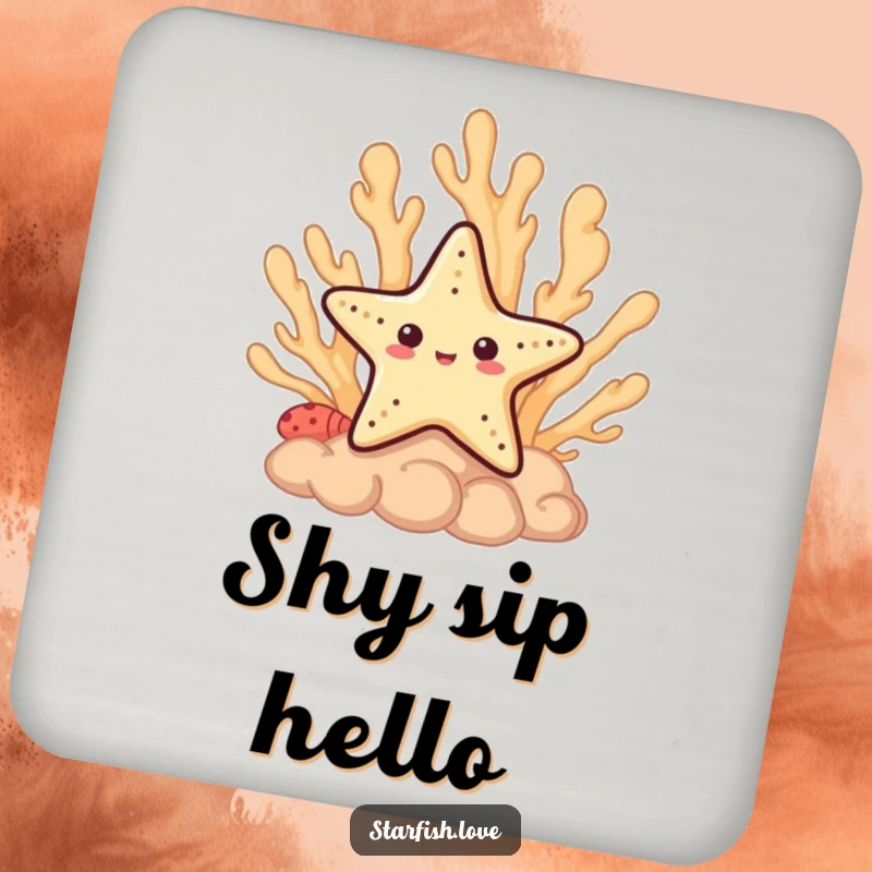 Funny Drink Coaster featuring a shy starfish character peeking from behind a coral formation, adding cute decor.