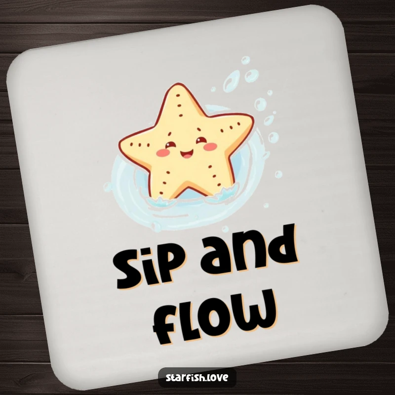 Set of drink coasters featuring a joyful starfish character sliding down a water current, perfect for adding a playful touch to tabletops.