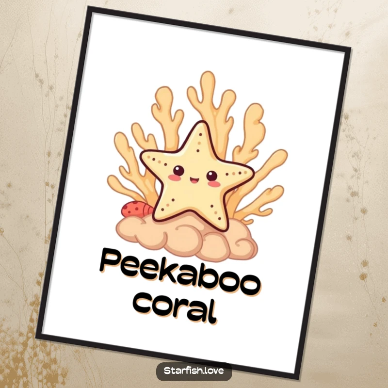 Funny Poster showcasing a shy starfish character peeking out from behind a vibrant coral formation, creating cute decor.