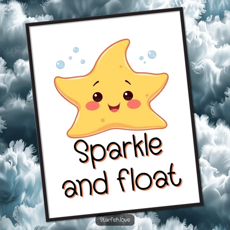 Funny poster of a cheerful starfish character sprouting tiny, sparkling bubbles, adding a touch of whimsical art.