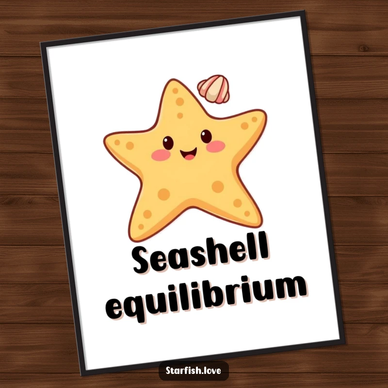 Funny poster of a happy starfish character balancing a small seashell on its tip, a symbol of delightful equilibrium.