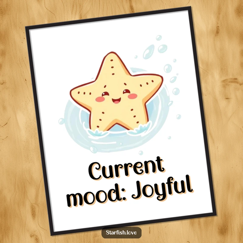 Dynamic poster showcasing a joyful starfish character playfully sliding down a vibrant water current, perfect for adding an energetic touch to decor.