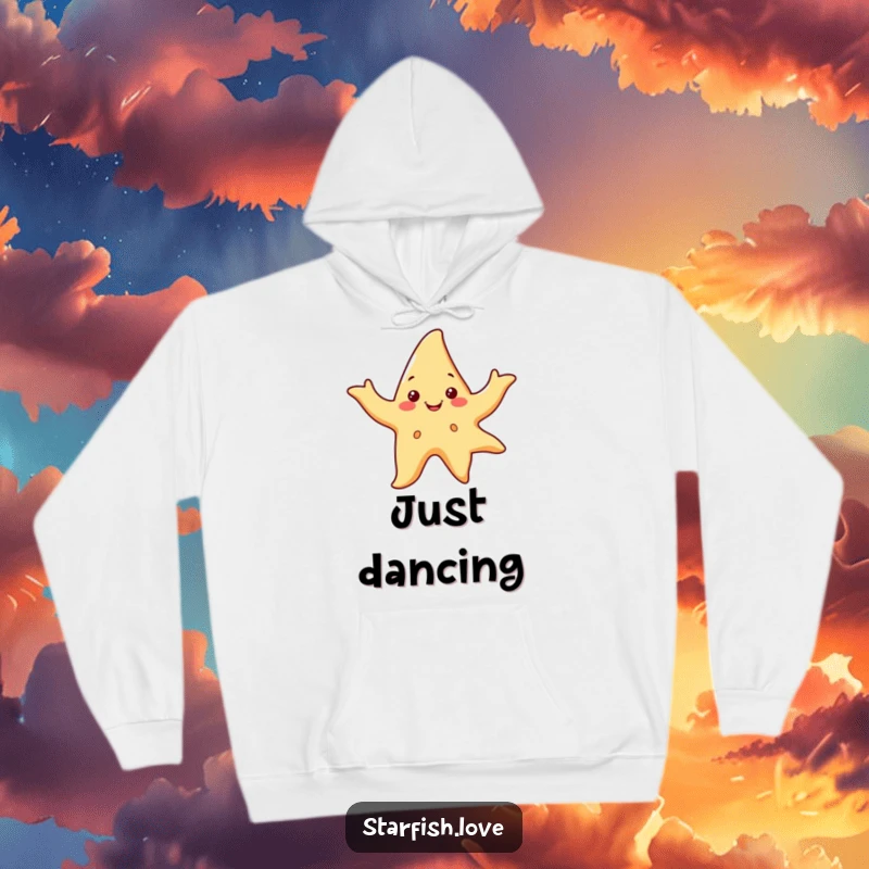 Funny hoodie featuring a smiling starfish character dancing with flowing arm movements, expressing pure joy and energy.