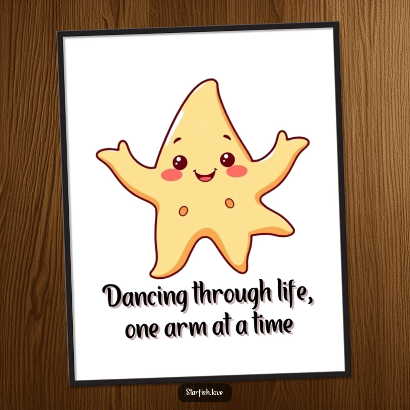 Funny Free Printable Wall Art: A smiling starfish character captured mid-dance, waving its arms gracefully in a flowing, energetic pose.