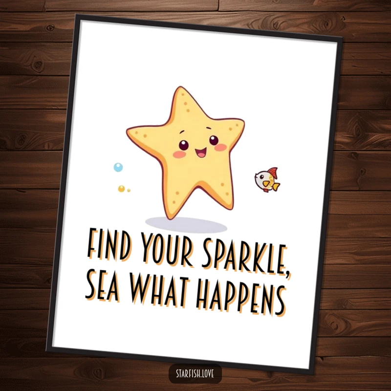 Funny Free Printable Wall Art: An amusing starfish playfully pursuing a tiny shimmering fish, a whimsical and humorous piece for downloadable decor.
