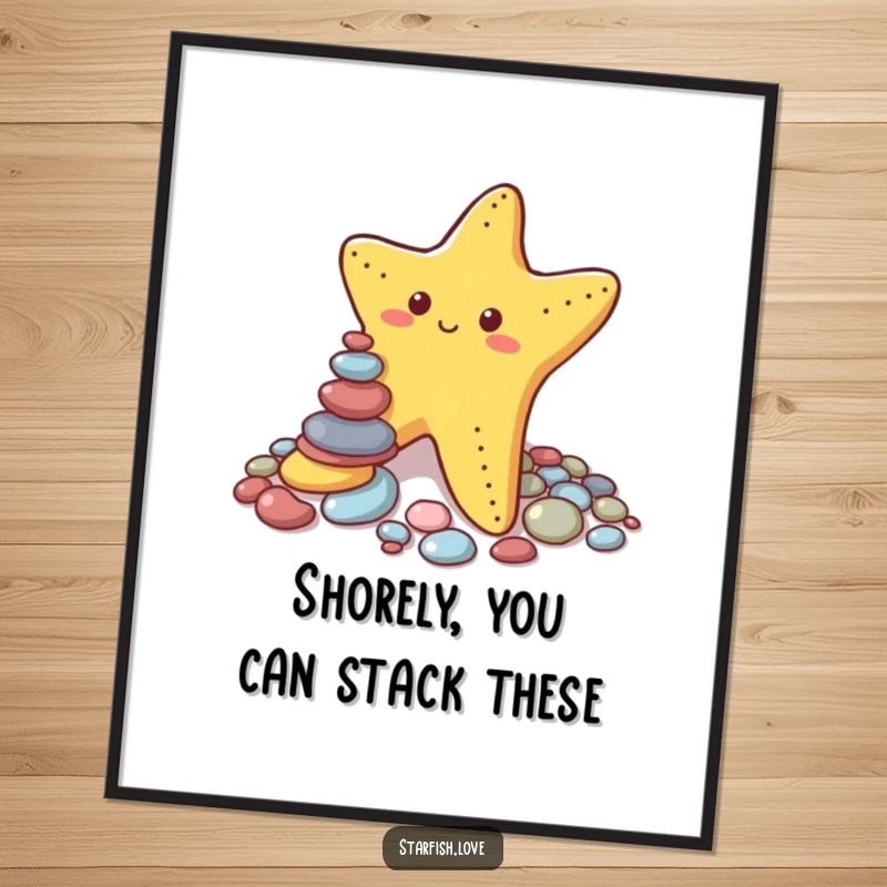 Funny Free Printable Wall Art: A comical starfish diligently stacking colorful pebbles, a humorous and artistic piece for any room, downloadable.