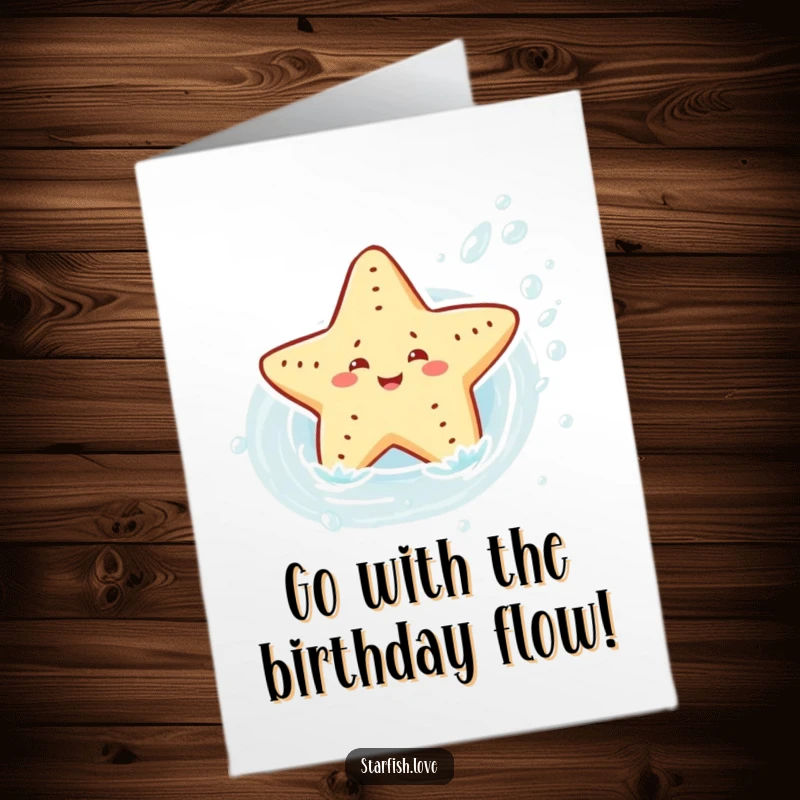 Free Printable Birthday Card: Joyful starfish character playfully sliding down a flowing water current, energetic and happy.