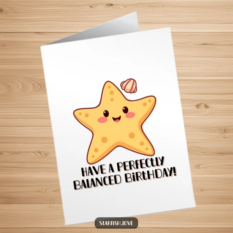 Funny Free Printable Birthday Card: A happy starfish expertly balancing a small seashell on its tip, looking pleased.