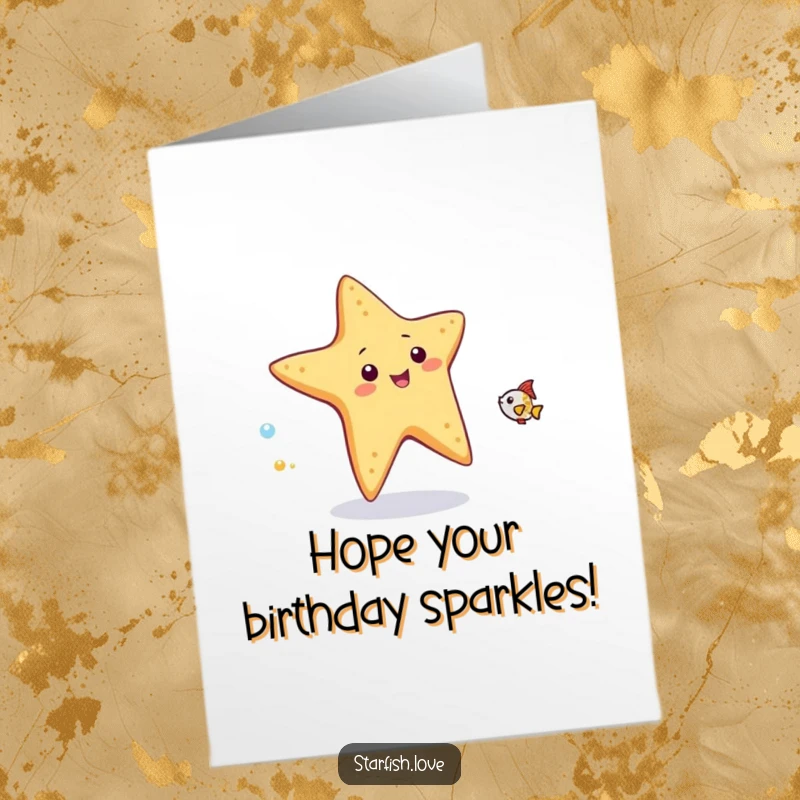 Funny Free Printable Birthday Card: Energetic starfish playfully chasing a tiny shimmering fish, a hilarious and dynamic scene for a DIY gift.