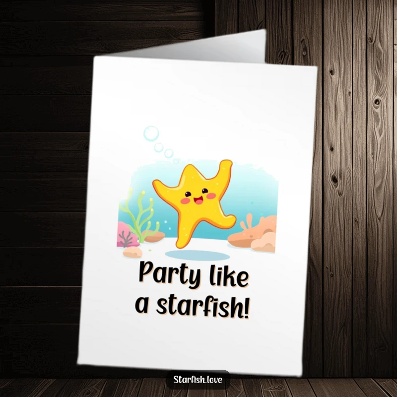 Funny Free Printable Birthday Card: A bright yellow starfish character joyfully dancing with bubbles all around in a vibrant underwater scene.
