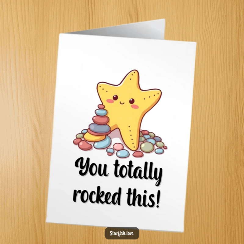 Funny Free Printable Congratulations Card: A determined starfish stacking small pebbles, symbolizing a humorous achievement for a unique downloadable gift.