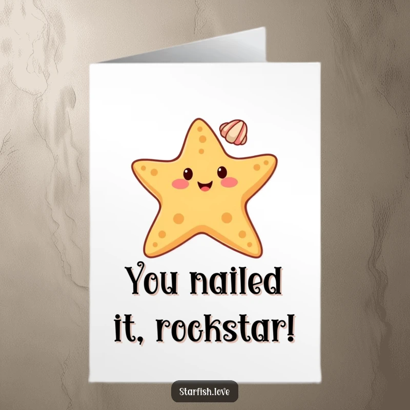 Funny Free Printable Congratulations Card: A happy starfish character skillfully balancing a small seashell on its uppermost tip.