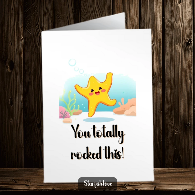 Funny Free Printable Congratulations Card: A cheerful yellow starfish gleefully dancing underwater surrounded by effervescent bubbles, celebrating success.
