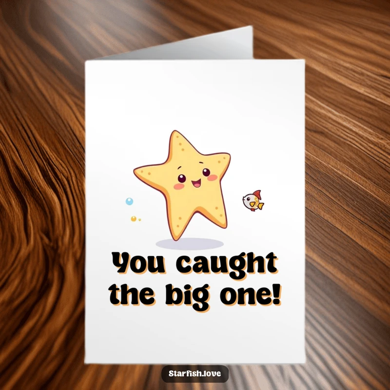 Funny Free Printable Congratulations Card: A lively starfish in hot pursuit of a tiny sparkling fish, a humorous and celebratory downloadable art.