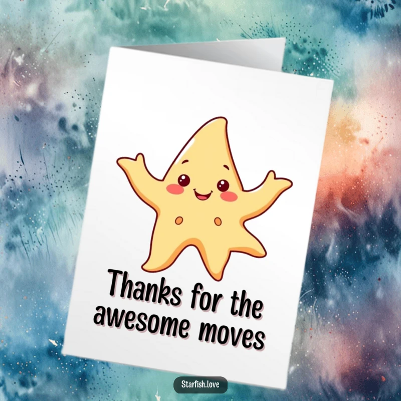 Funny Free Printable Thank You Card: A smiling starfish character dancing joyfully, waving its arms in a fluid, celebratory motion.