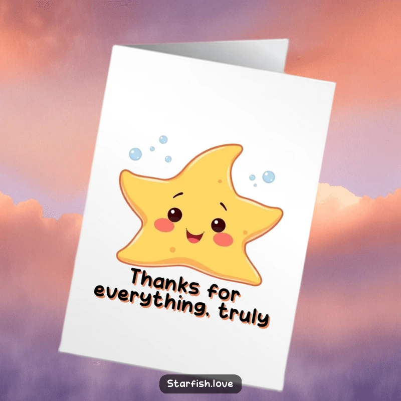 Funny Free Printable Thank You Card: A cheerful starfish character emitting tiny, sparkling bubbles, conveying heartfelt gratitude.