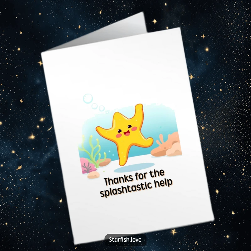 Funny Free Printable Thank You Card: A yellow starfish character performing an energetic, bubbly dance underwater to express sincere thanks.