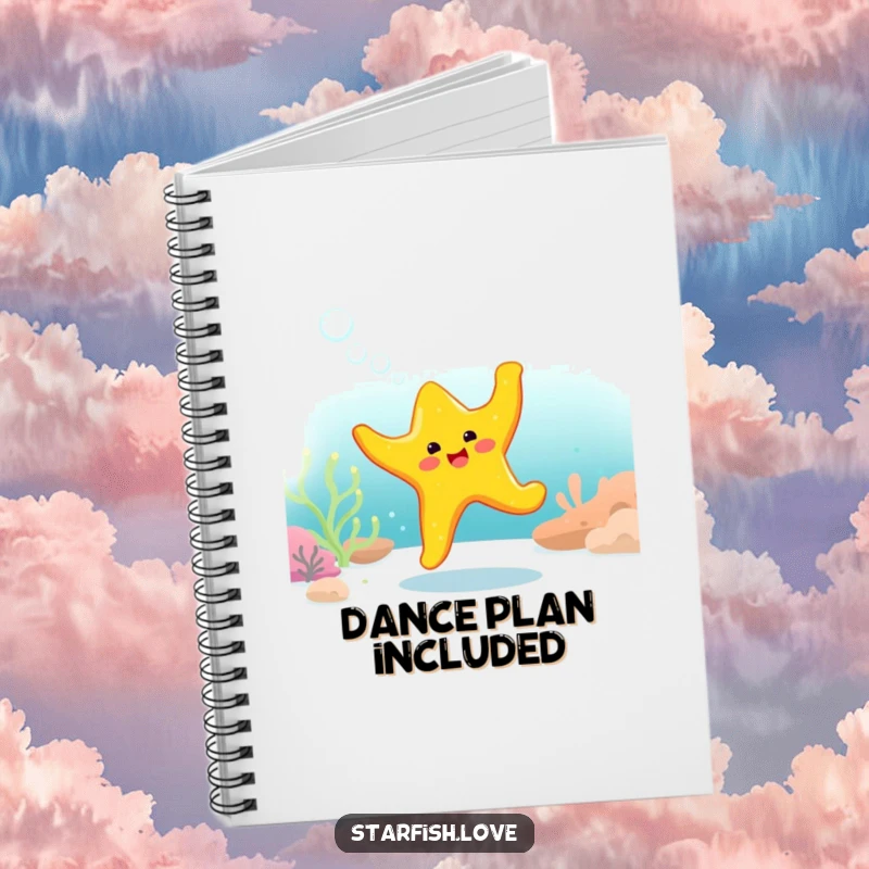 Funny Notebook cover depicts a bright yellow starfish character doing a happy, bubbly dance underwater, inspiring fun notes.