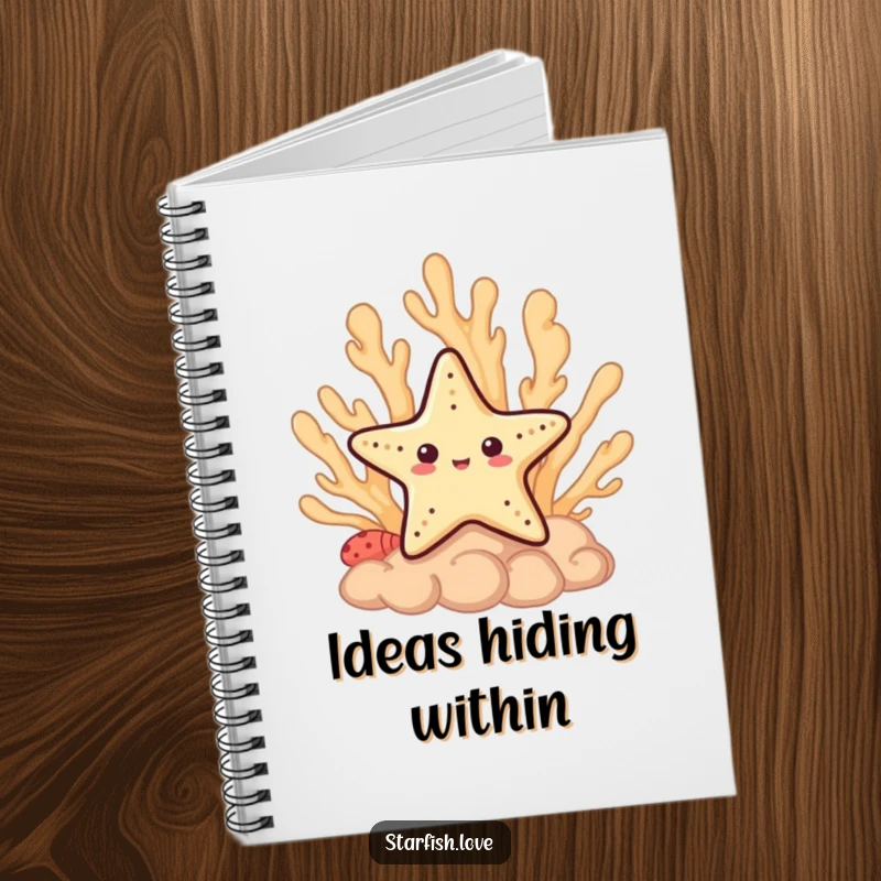 Funny Notebook cover depicts a shy starfish character peeking from behind a coral formation, perfect for jotting notes.