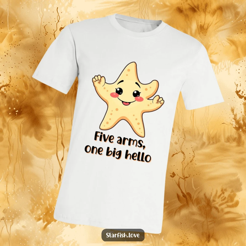 Funny T-Shirt with a friendly starfish character sporting a goofy grin, waving happily with all five of its arms.