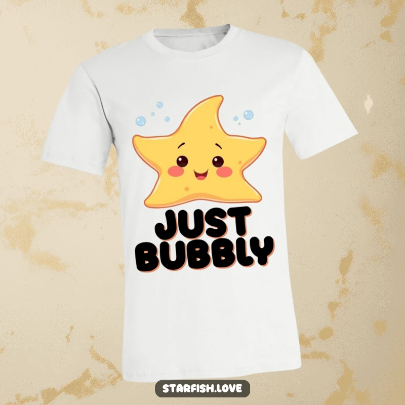 Funny t-shirt showcasing a cheerful starfish character joyfully sprouting tiny, sparkling bubbles, exuding pure delight.