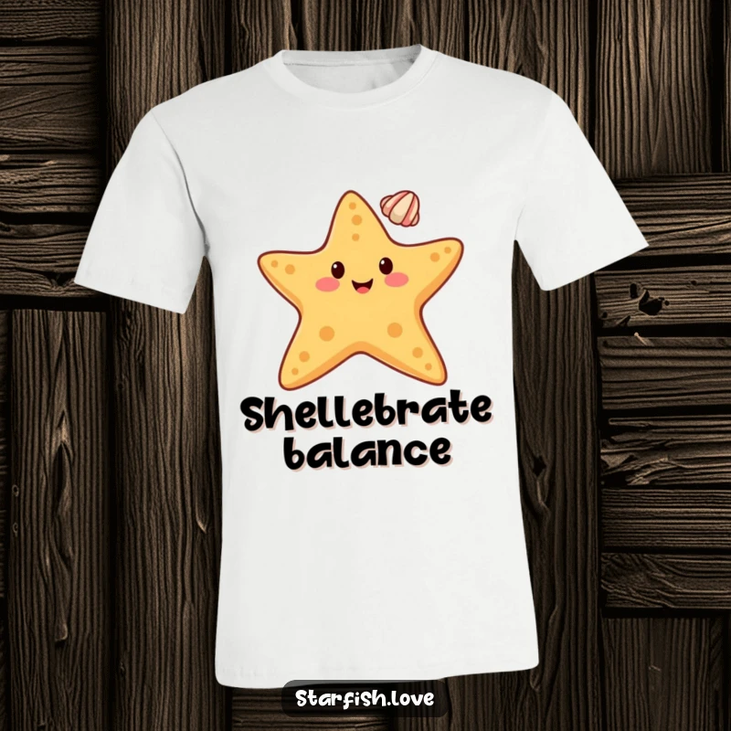 Funny t-shirt featuring a happy starfish character perfectly balancing a small seashell on its pointy tip, looking quite pleased.