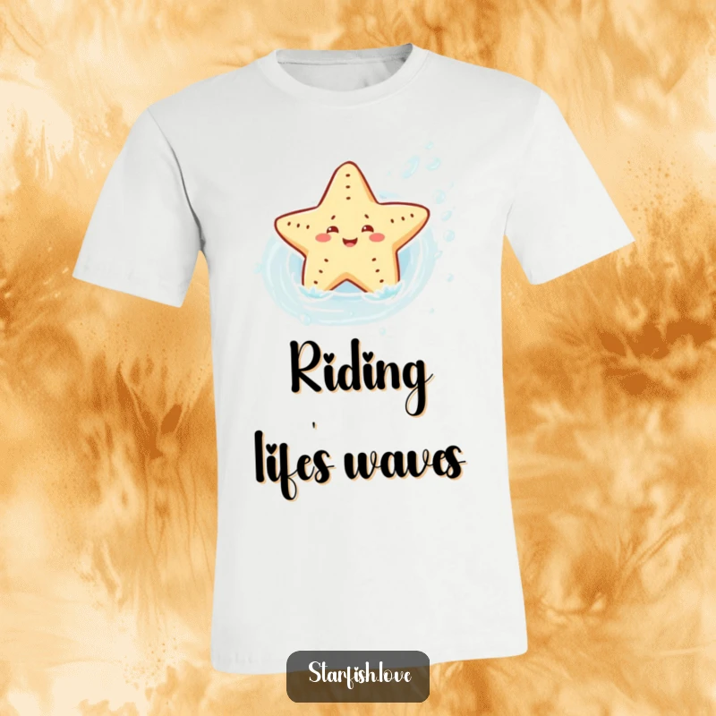 Cute and funny starfish character joyfully sliding down a flowing water current on a t-shirt, depicting aquatic fun and excitement.