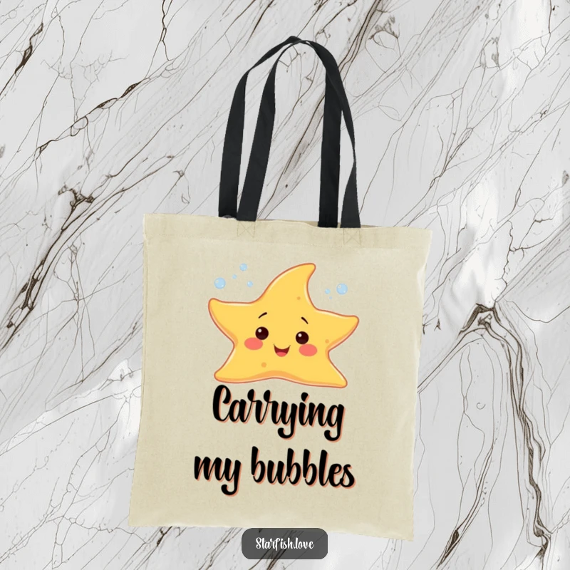 Funny tote bag depicting a cheerful starfish character creating tiny, sparkling bubbles, ideal for carrying essentials with joy.