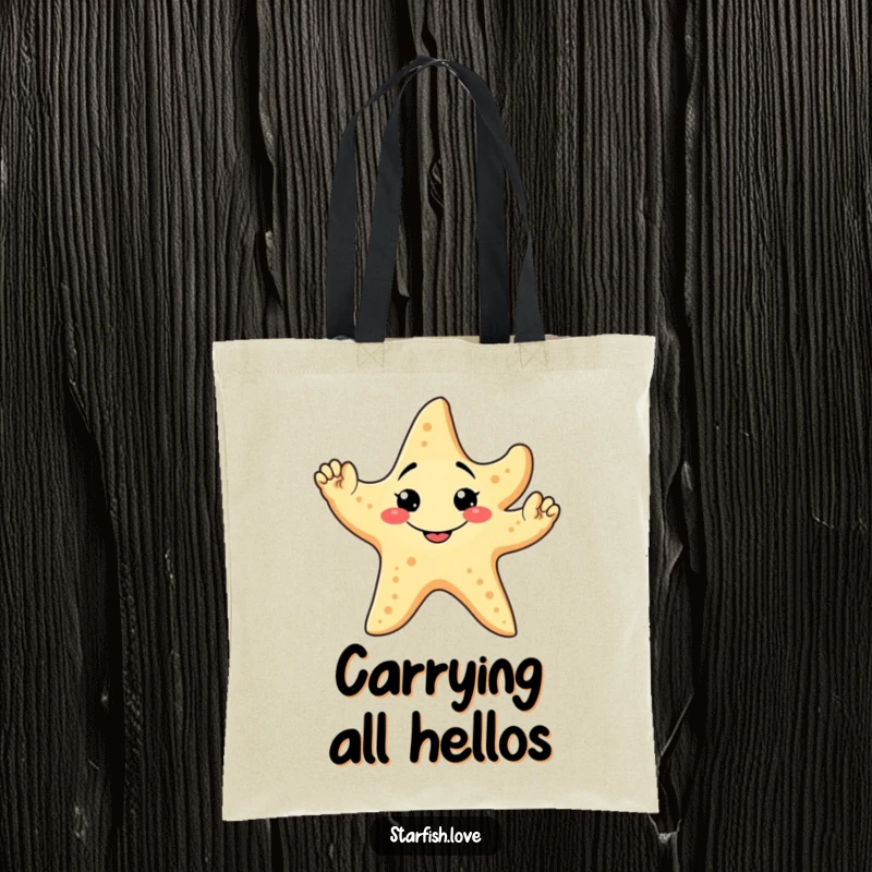 Funny Tote Bag featuring a friendly starfish with a goofy grin, waving all five arms, perfect for carrying essentials.